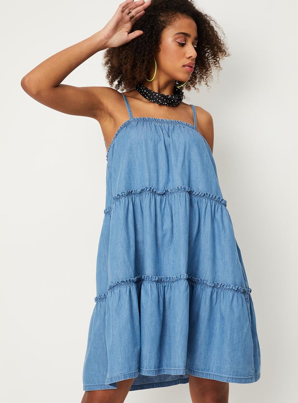 Women Solid Tiered Denim Dress