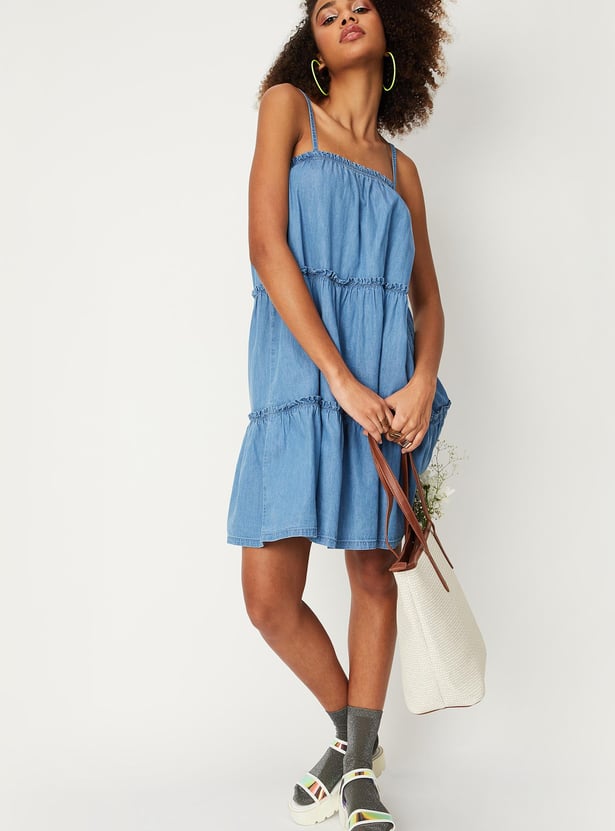 Women Solid Tiered Denim Dress