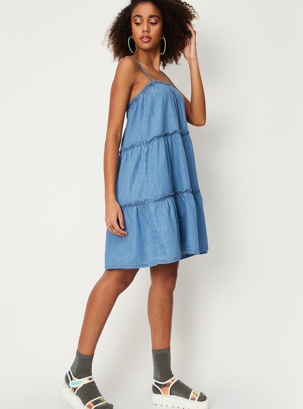 Women Solid Tiered Denim Dress
