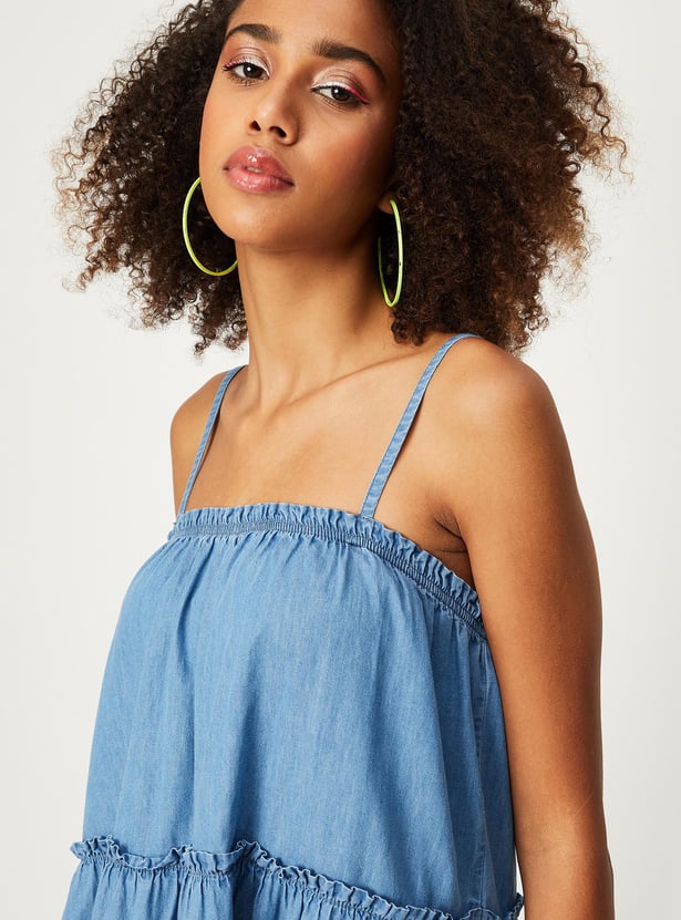 Women Solid Tiered Denim Dress