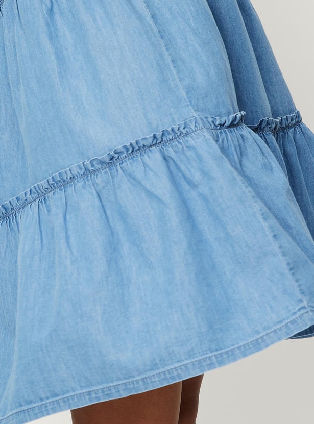 Women Solid Tiered Denim Dress