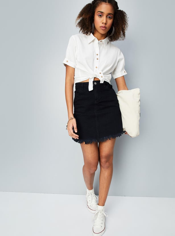 Women Solid Crop Boxy Shirt