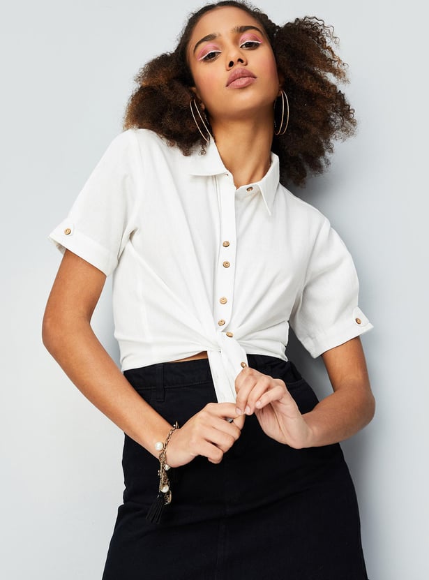 Women Solid Crop Boxy Shirt