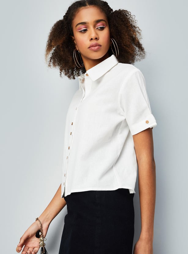 Women Solid Crop Boxy Shirt