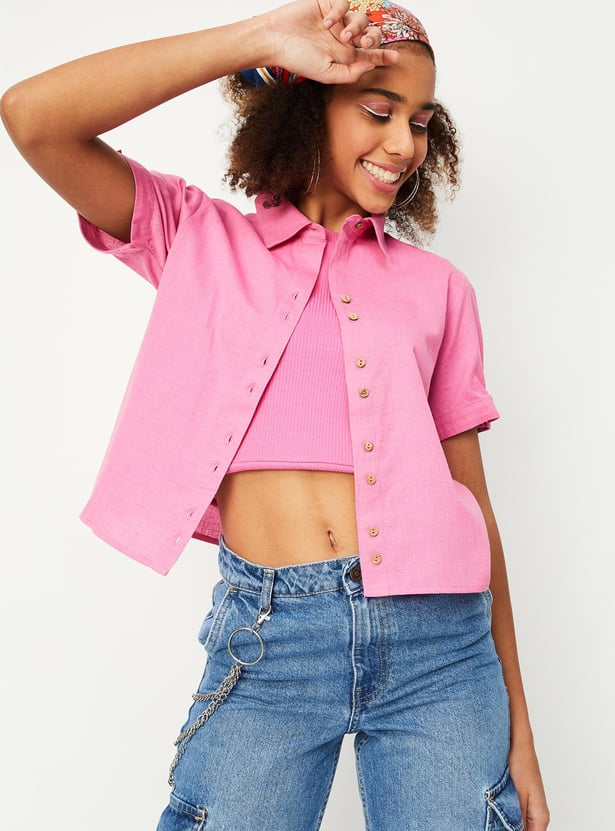 Women Solid Crop Boxy Shirt