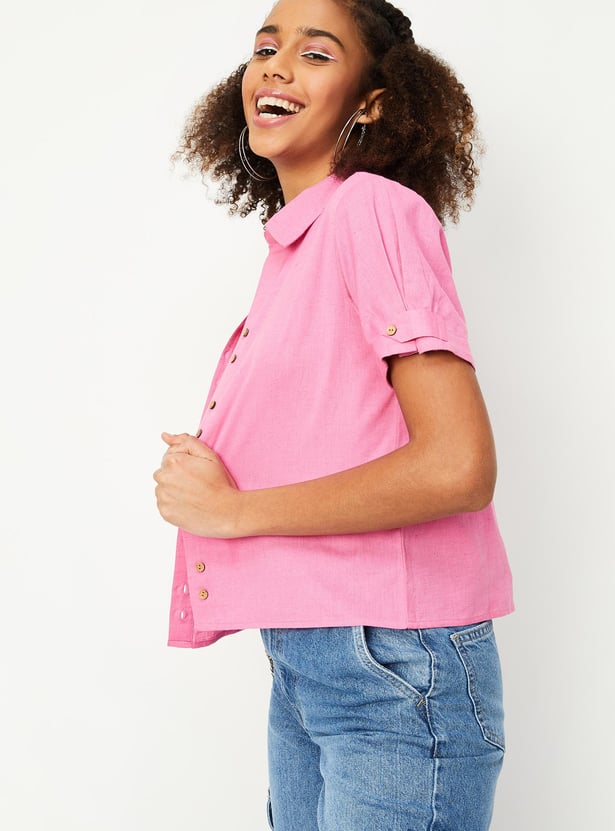 Women Solid Crop Boxy Shirt