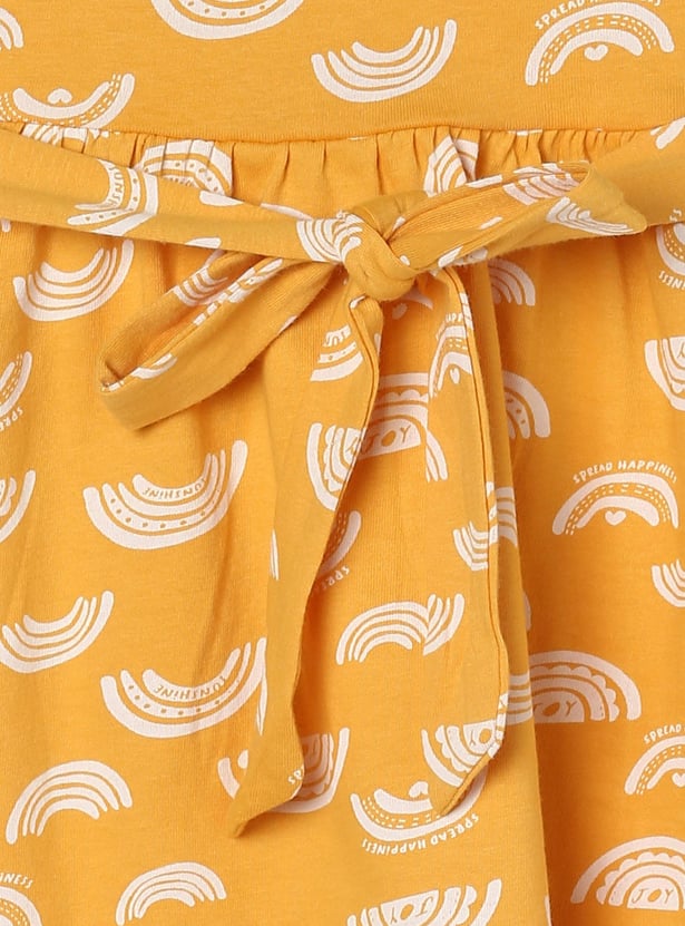 Girls All-Over Printed Round Neck Knit Dress