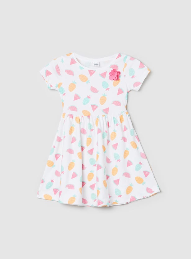 Girls Printed Round Neck Fit and Flare Dress