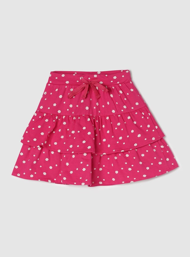 Girls Floral Printed Knit Layered Skirt