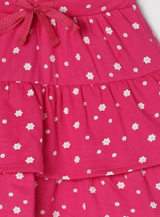Girls Floral Printed Knit Layered Skirt
