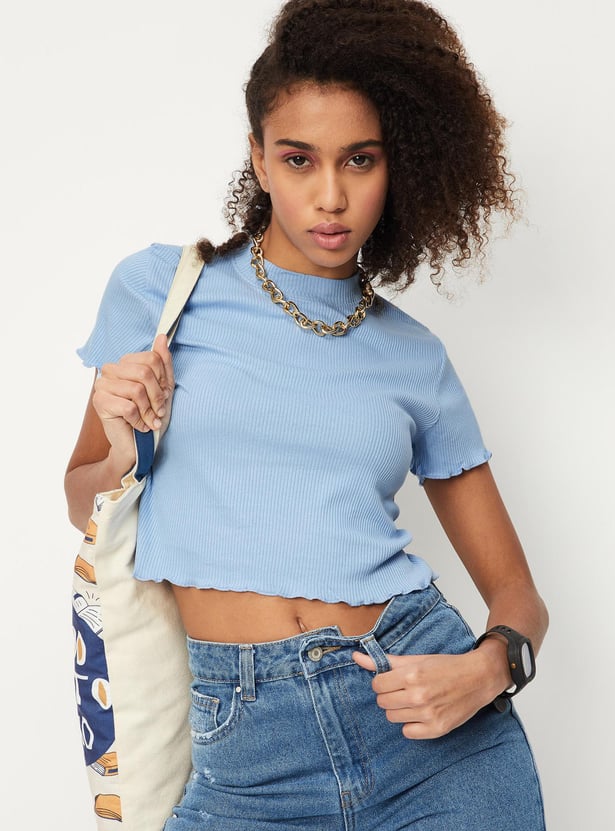 Women Rib Knit Lettuce Edge Top
