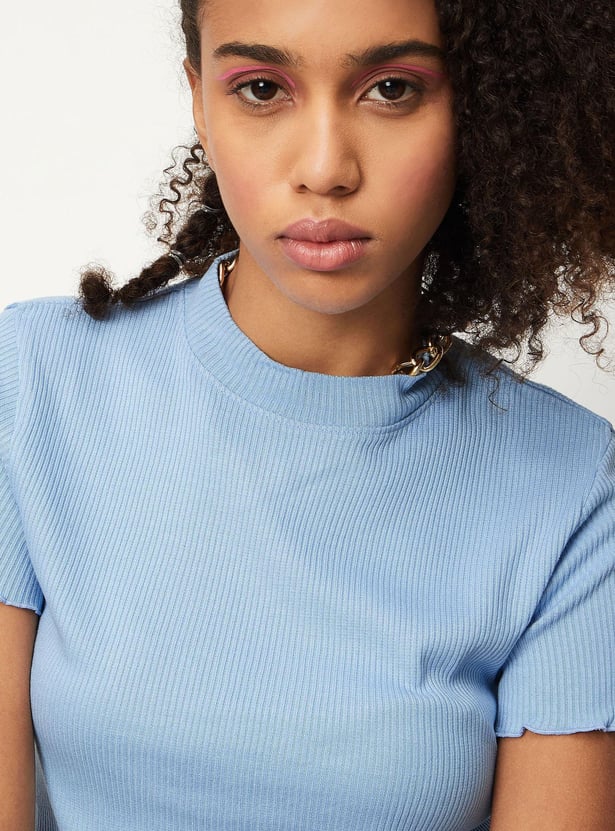 Women Rib Knit Lettuce Edge Top