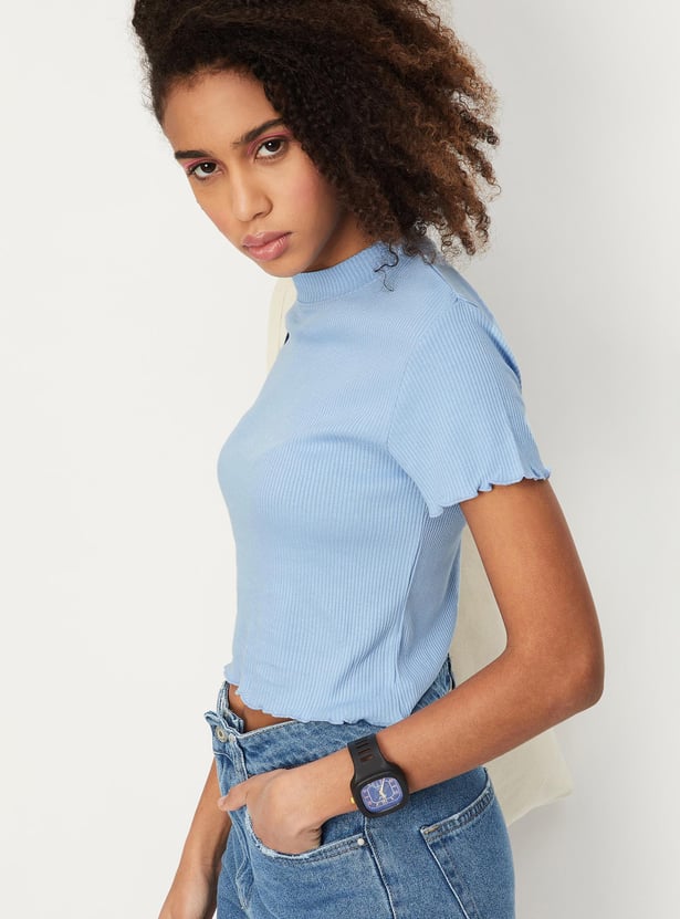 Women Rib Knit Lettuce Edge Top