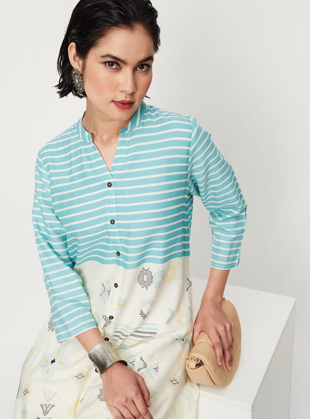 Women Striped Band Collar Straight Kurta