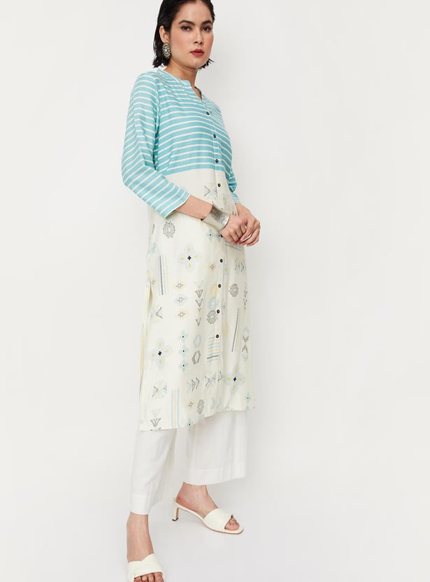 Women Striped Band Collar Straight Kurta