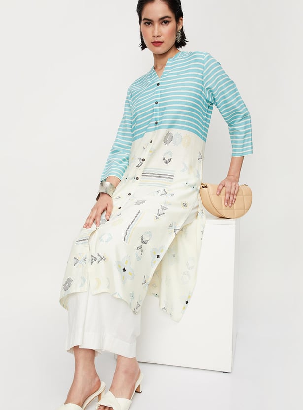 Women Striped Band Collar Straight Kurta