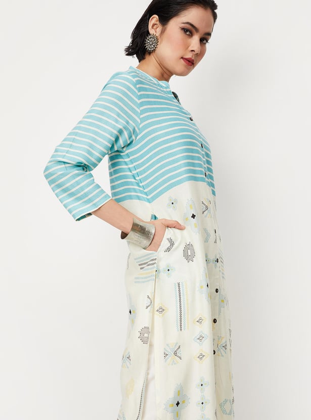 Women Striped Band Collar Straight Kurta