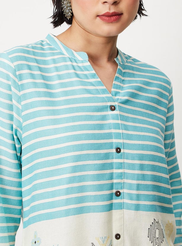 Women Striped Band Collar Straight Kurta