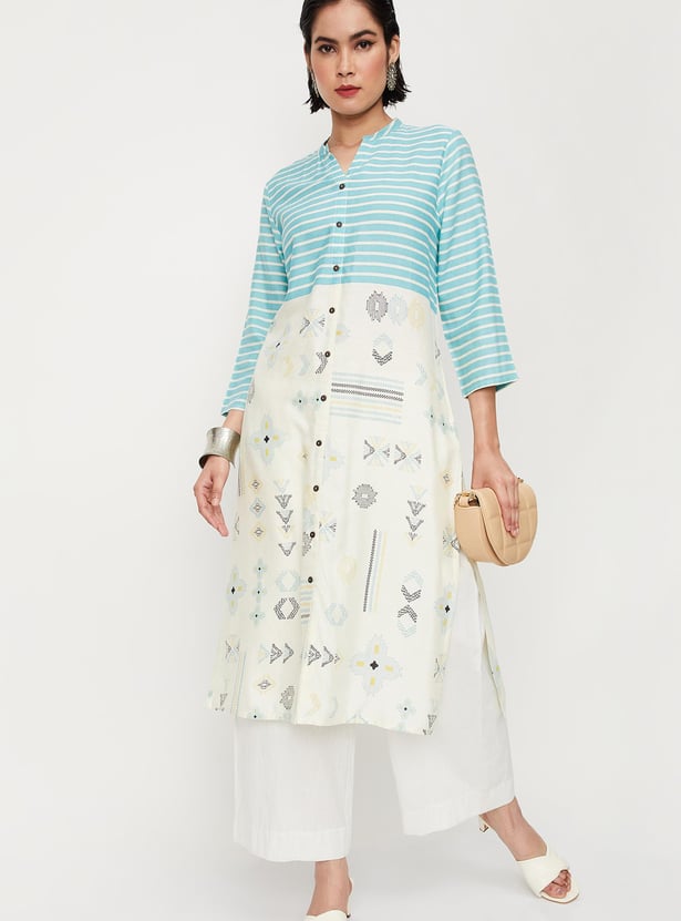 Women Striped Band Collar Straight Kurta