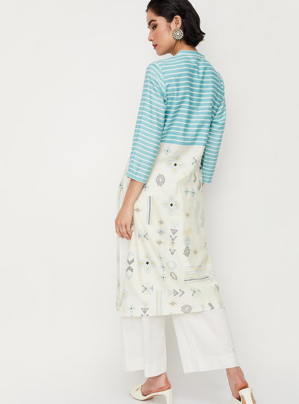 Women Striped Band Collar Straight Kurta