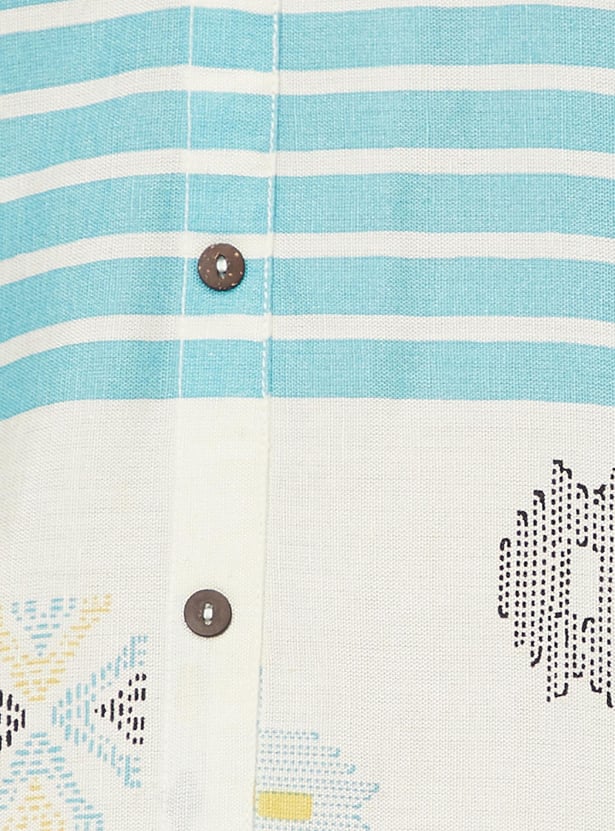 Women Striped Band Collar Straight Kurta