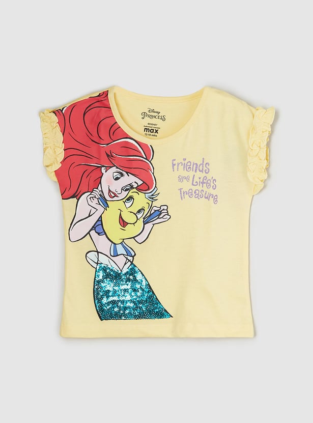 Girls Little Mermaid Printed Ruffled T-shirt