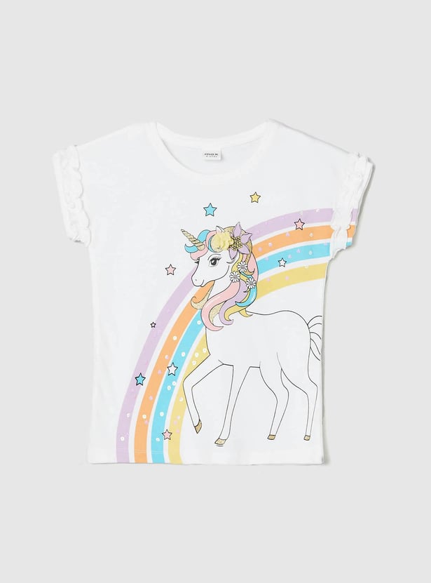 Girls Graphic Printed Ruffle Details T-shirt