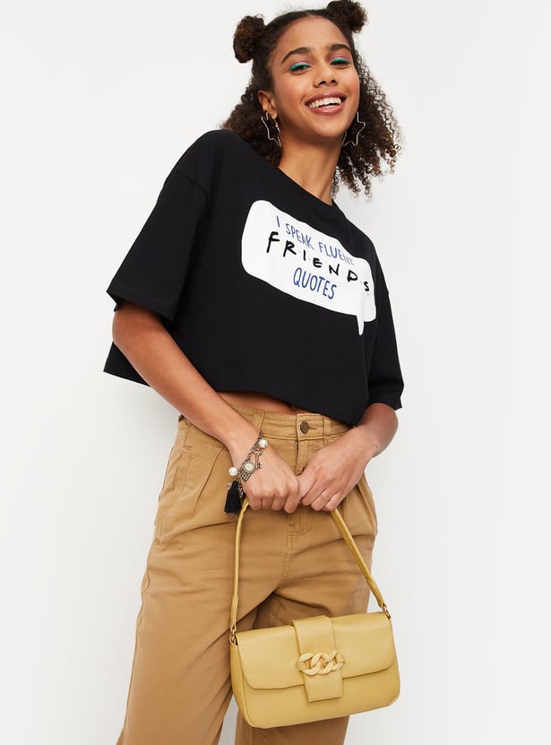 Women Typographic Printed Crop T-shirt with Round Neck