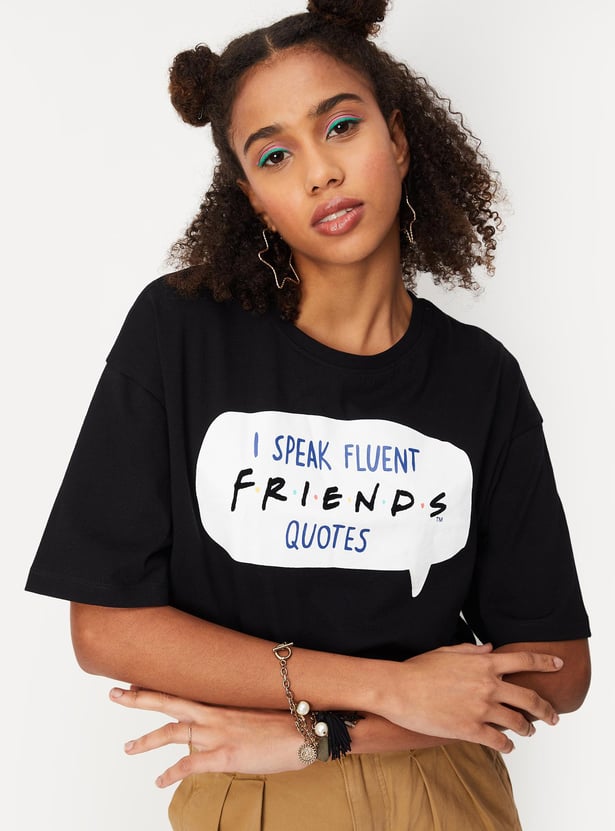Women Typographic Printed Crop T-shirt with Round Neck