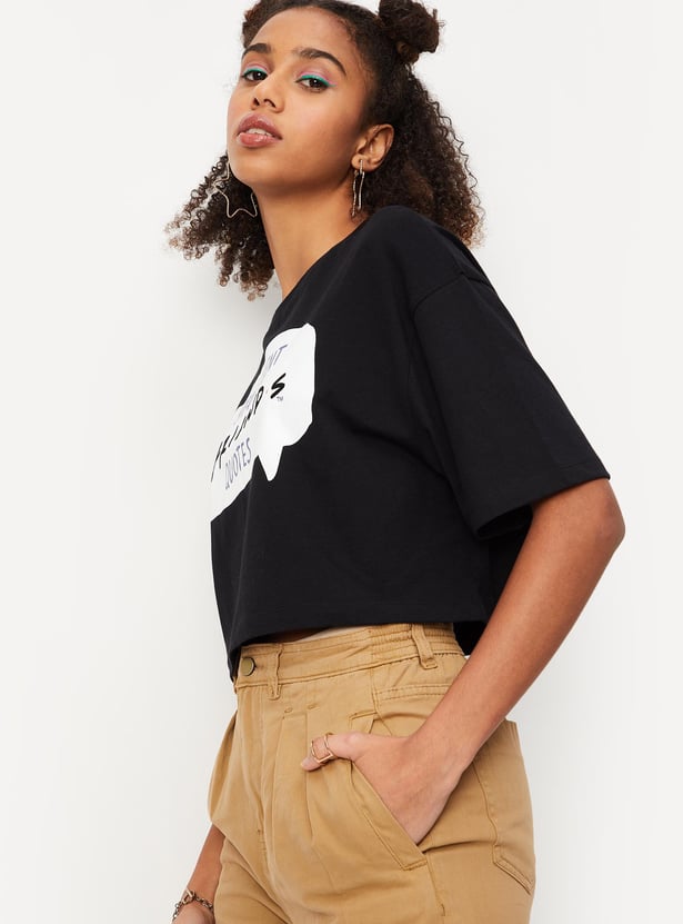 Women Typographic Printed Crop T-shirt with Round Neck