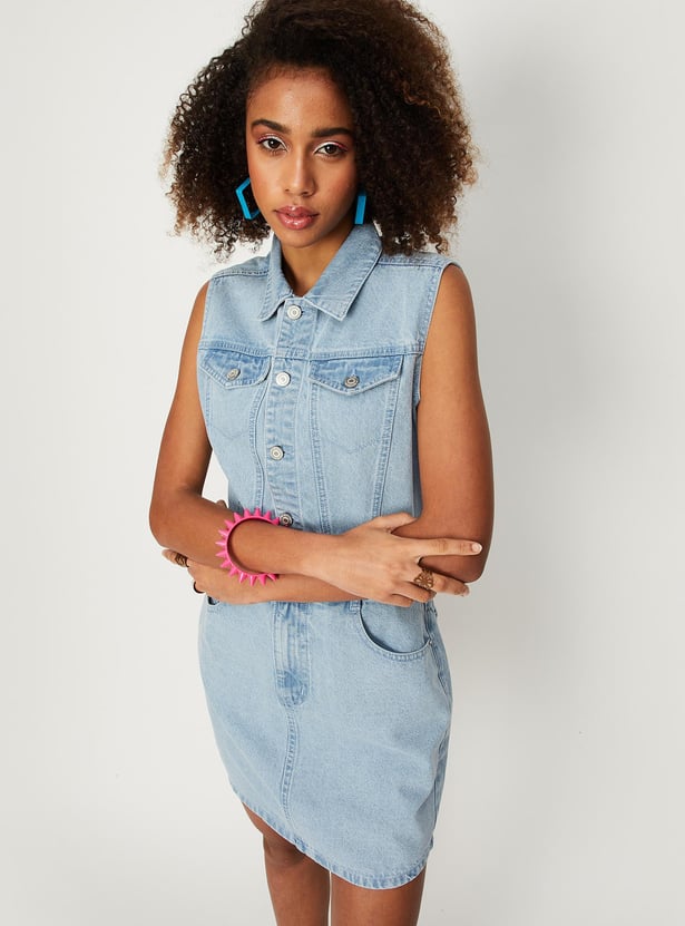 Women Washed Collared Denim Dress