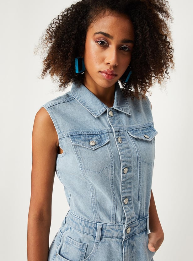 Women Washed Collared Denim Dress