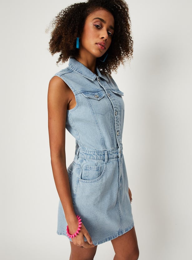 Women Washed Collared Denim Dress