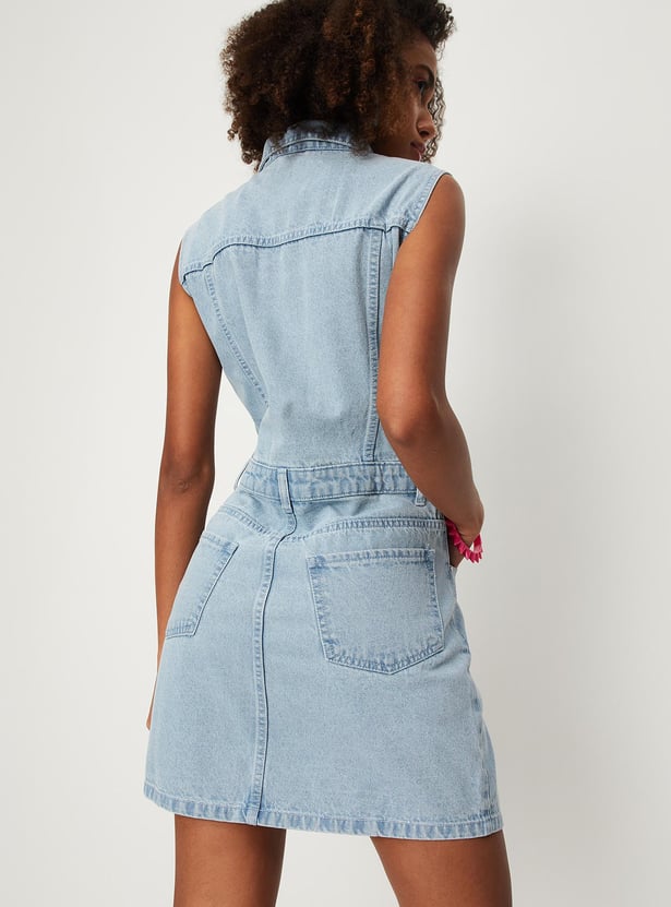 Women Washed Collared Denim Dress