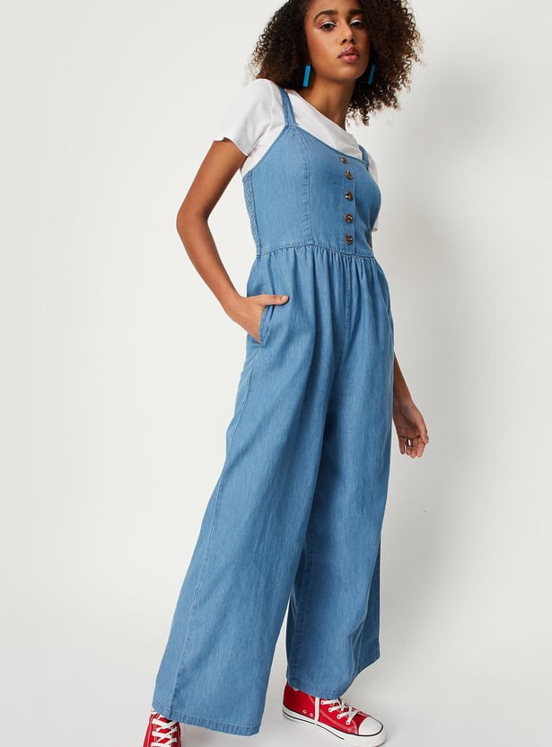 Women Solid Denim Jumpsuit with T-shirt