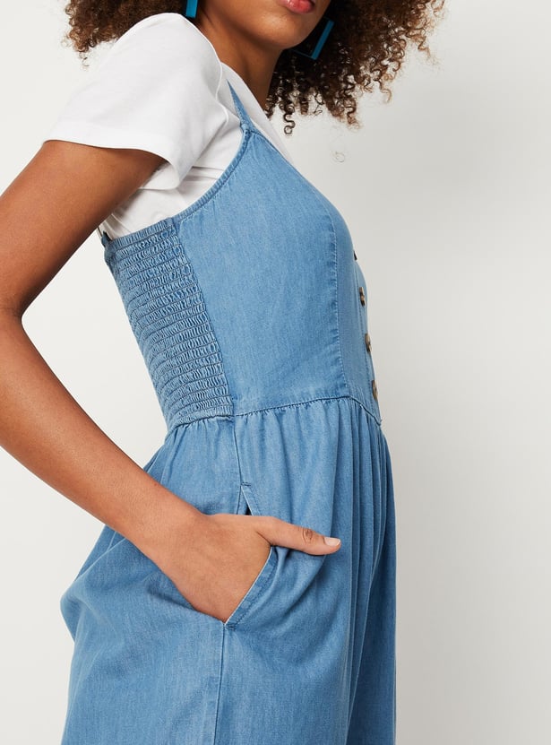 Women Solid Denim Jumpsuit with T-shirt