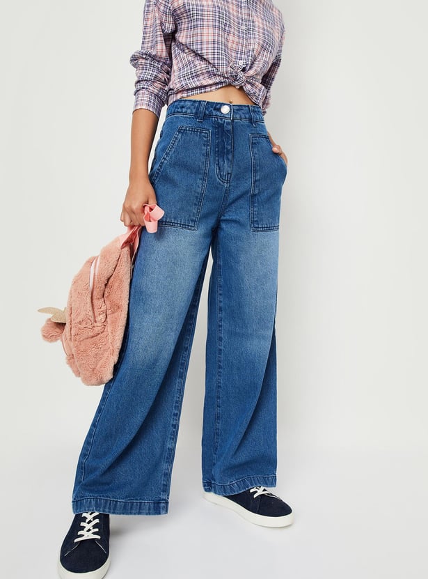 Buy Girls Washed Wide Leg Jeans Online at just Rs. 899.0