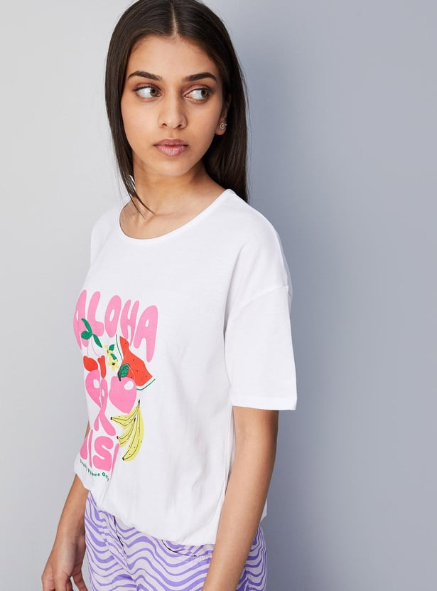 Asymmetrical Hem Graphic T-Shirt with Metal Ring Details - Gray main image 1