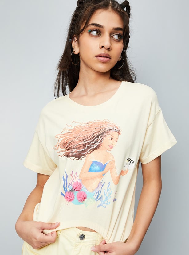 Buy Girls Little Mermaid Printed Knit T-shirt Online at just Rs. 499.0 ...