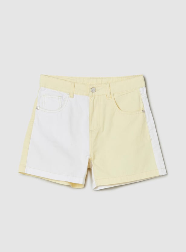 Girls Colourblocked Button Fly Shorts