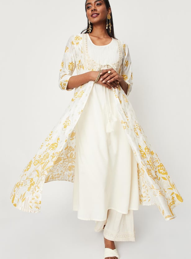 Women Pintuck A-line Kurta with Koti