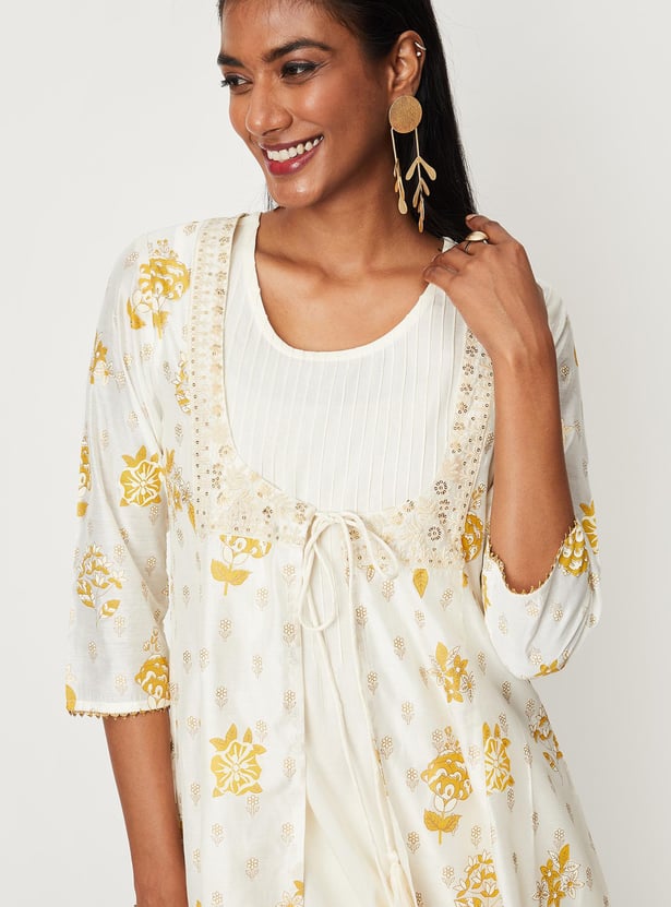 Women Pintuck A-line Kurta with Koti