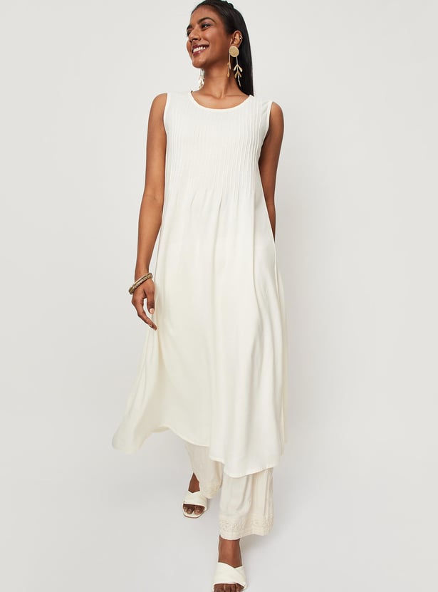 Women Pintuck A-line Kurta with Koti