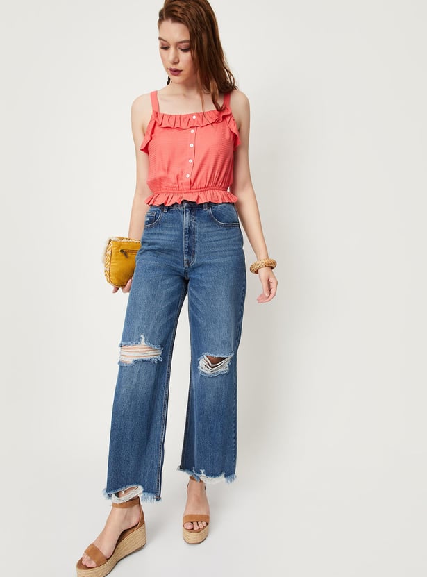 Women Button-Down Frill Detail Crop Top