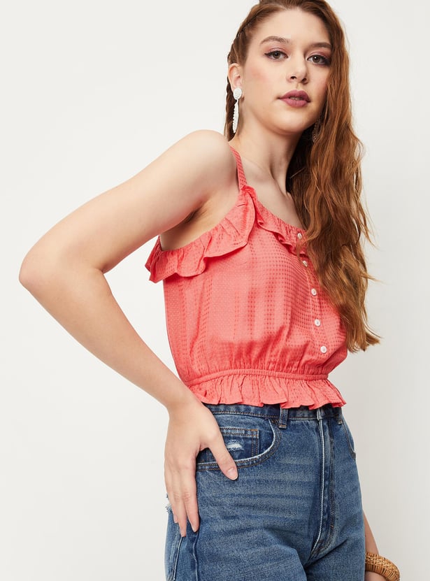 Women Button-Down Frill Detail Crop Top