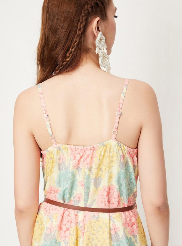 Women Printed Jumpsuit with Asymmetric Hem