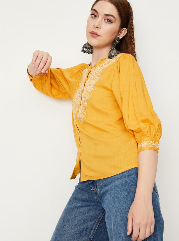 Women Placement Embroidery Button-Down Tunic