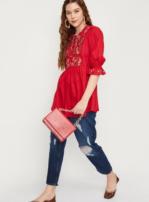 Women Embroidered Ruffled Sleeve Tunic