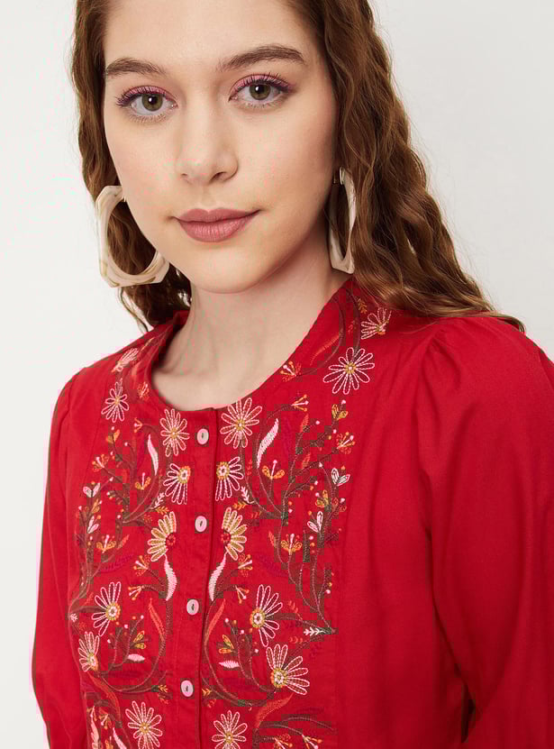 Women Embroidered Ruffled Sleeve Tunic