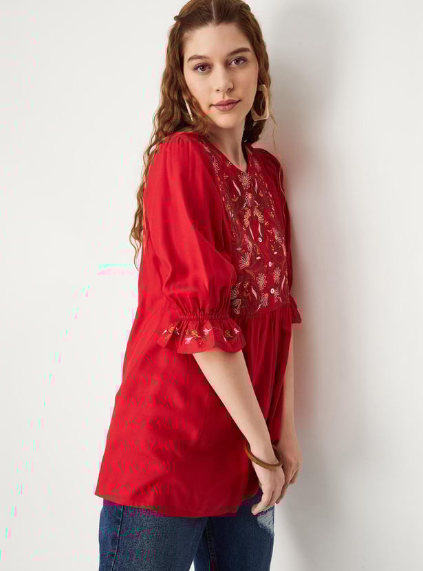 Women Embroidered Ruffled Sleeve Tunic
